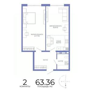 2-к квартира, строящийся дом, 63м2, 3/17 этаж