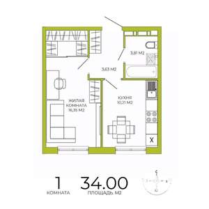 1-к квартира, строящийся дом, 34м2, 5/18 этаж
