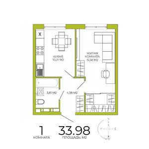 1-к квартира, строящийся дом, 34м2, 7/18 этаж
