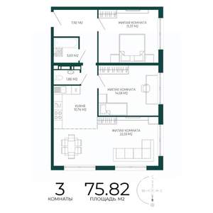 3-к квартира, строящийся дом, 76м2, 9/17 этаж