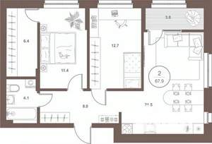 2-к квартира, вторичка, 68м2, 1/16 этаж