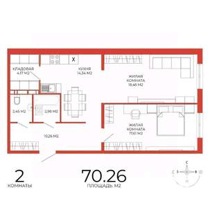2-к квартира, вторичка, 70м2, 4/18 этаж