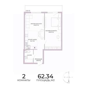2-к квартира, строящийся дом, 62м2, 4/17 этаж