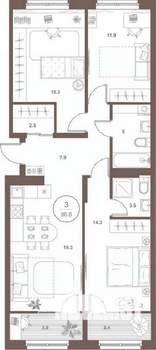 3-к квартира, вторичка, 87м2, 2/16 этаж