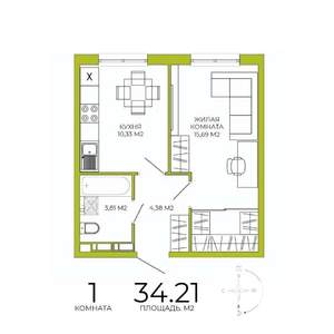 1-к квартира, строящийся дом, 34м2, 12/18 этаж