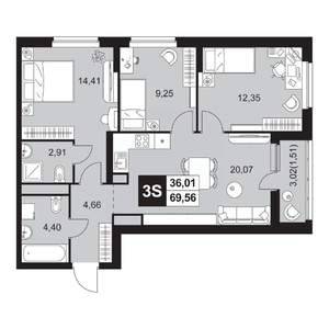 4-к квартира, вторичка, 70м2, 1/20 этаж