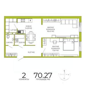 2-к квартира, строящийся дом, 70м2, 11/18 этаж