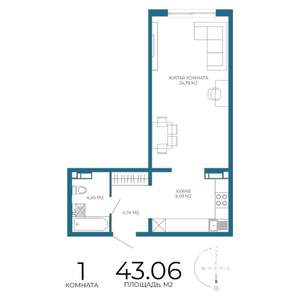 1-к квартира, строящийся дом, 43м2, 4/17 этаж