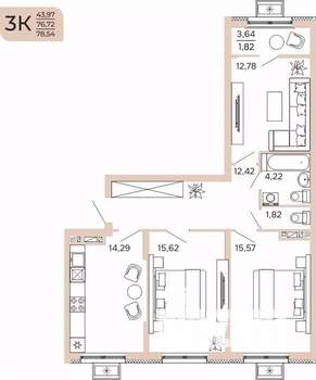3-к квартира, вторичка, 79м2, 16/17 этаж