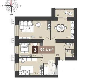 3-к квартира, вторичка, 92м2, 3/17 этаж