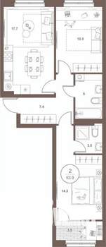 2-к квартира, вторичка, 64м2, 4/16 этаж