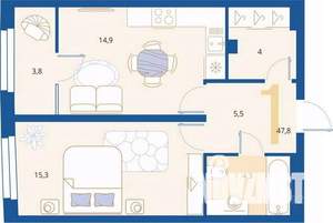 1-к квартира, вторичка, 48м2, 3/16 этаж