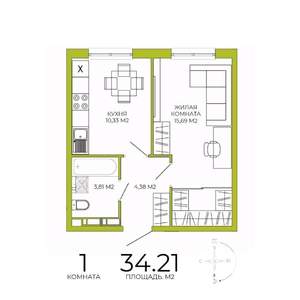 1-к квартира, строящийся дом, 34м2, 9/18 этаж
