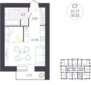 Студия квартира, вторичка, 33м2, 5/16 этаж