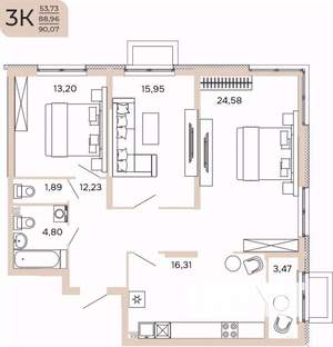 3-к квартира, вторичка, 90м2, 10/17 этаж