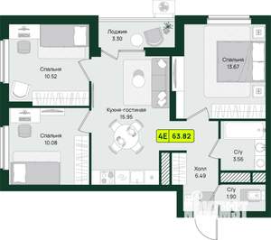 2-к квартира, строящийся дом, 64м2, 3/16 этаж