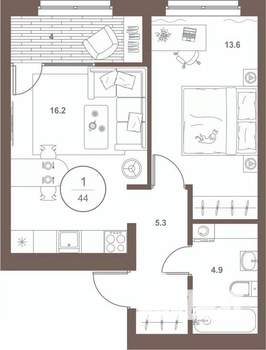 1-к квартира, вторичка, 44м2, 2/16 этаж