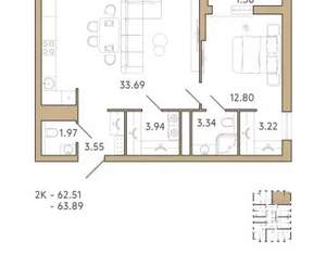 3-к квартира, вторичка, 64м2, 16/9 этаж