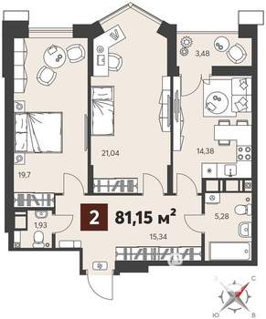2-к квартира, вторичка, 81м2, 6/18 этаж