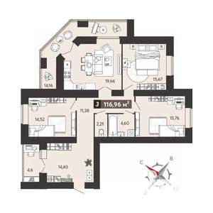 3-к квартира, вторичка, 117м2, 6/18 этаж