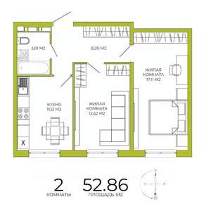 2-к квартира, строящийся дом, 53м2, 3/18 этаж