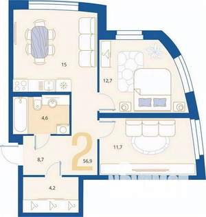 2-к квартира, вторичка, 57м2, 2/16 этаж
