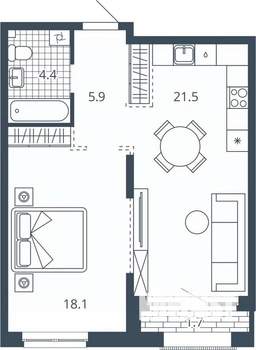 1-к квартира, вторичка, 52м2, 5/23 этаж