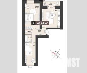 2-к квартира, вторичка, 69м2, 3/16 этаж