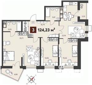 3-к квартира, вторичка, 124м2, 8/18 этаж