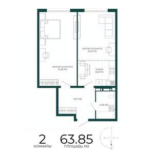2-к квартира, строящийся дом, 64м2, 6/17 этаж