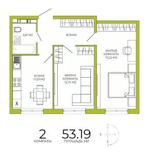 2-к квартира, строящийся дом, 53м2, 8/18 этаж