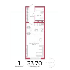 1-к квартира, строящийся дом, 34м2, 6/18 этаж