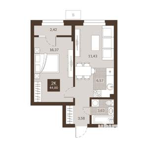 2-к квартира, вторичка, 44м2, 1/22 этаж