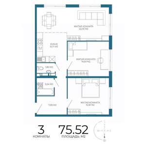 3-к квартира, строящийся дом, 76м2, 3/17 этаж
