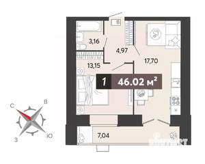 1-к квартира, строящийся дом, 46м2, 2/16 этаж