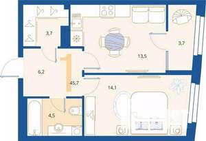 1-к квартира, вторичка, 46м2, 10/16 этаж