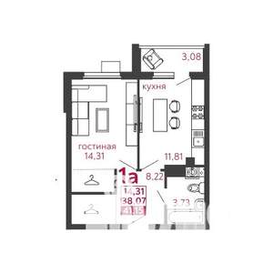 1-к квартира, вторичка, 41м2, 2/5 этаж