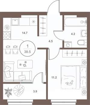 1-к квартира, вторичка, 38м2, 6/16 этаж