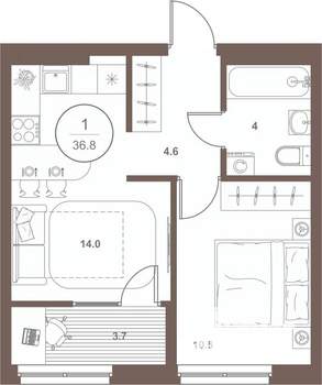 1-к квартира, вторичка, 37м2, 12/16 этаж