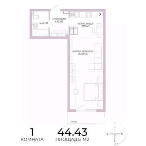 1-к квартира, строящийся дом, 44м2, 15/17 этаж