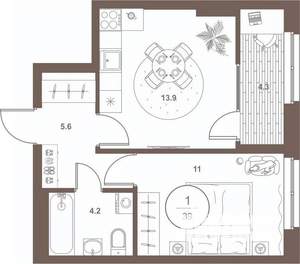 1-к квартира, вторичка, 39м2, 6/16 этаж