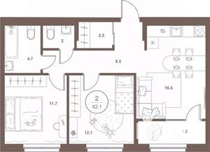 2-к квартира, вторичка, 62м2, 8/16 этаж