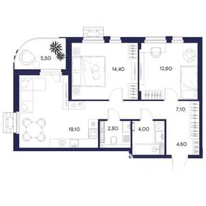 2-к квартира, вторичка, 70м2, 5/16 этаж