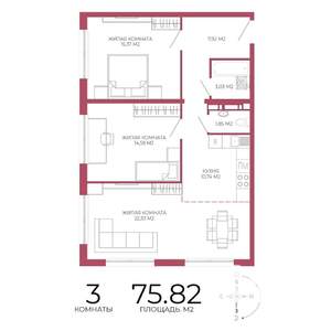 3-к квартира, строящийся дом, 76м2, 7/18 этаж