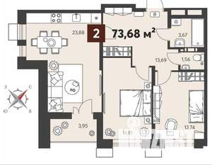 2-к квартира, строящийся дом, 74м2, 2/18 этаж