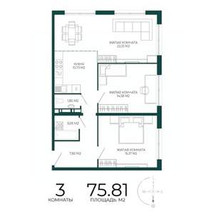 3-к квартира, строящийся дом, 76м2, 14/17 этаж