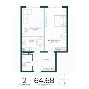 2-к квартира, строящийся дом, 65м2, 8/17 этаж