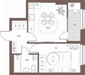 1-к квартира, вторичка, 39м2, 4/16 этаж